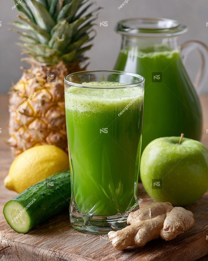 A Glass Of Fresh Green Juice With A Slice Of Lemon A Pineapple An Apple And Ginger Root On A Wooden Surface — Stock Photo