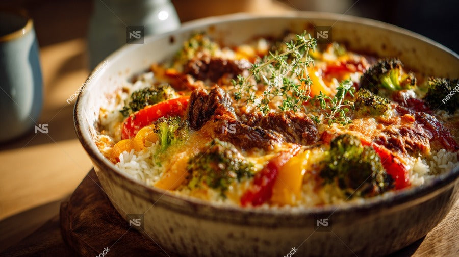 A Bowl Of Cooked Rice Topped With Meat And Vegetables Served On A Wooden Table — Stock Photo