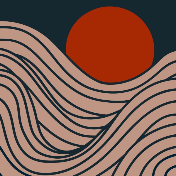 Abstract Art Illustration Of A Red Sun Setting Over Wavy Lines On A Dark Background — Stock Vector
