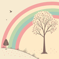 Rainbow Tree With Birds Colorful Illustration Pastel Background Whimsical Scene Vibrant Colors Nature Themed Artwork Cheerful Atmosphere Playful Elements Charmi — Stock Vector