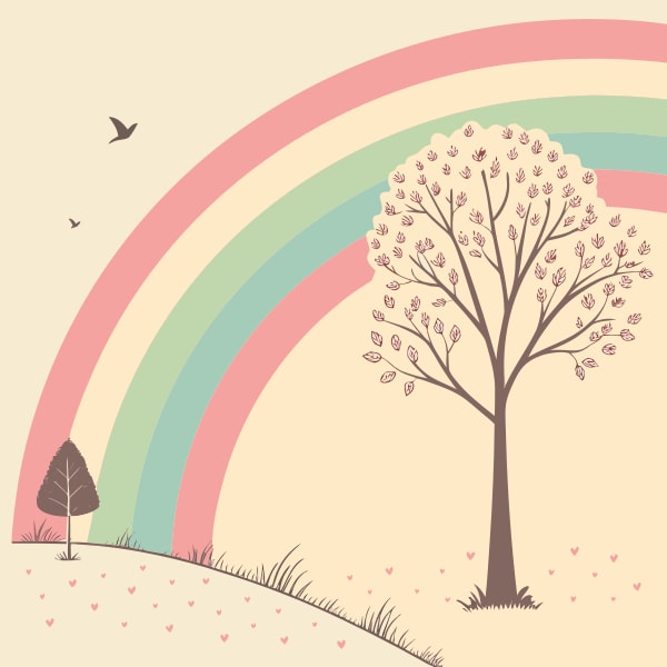 Rainbow Tree With Birds Colorful Illustration Pastel Background Whimsical Scene Vibrant Colors Nature Themed Artwork Cheerful Atmosphere Playful Elements Charmi — Stock Vector