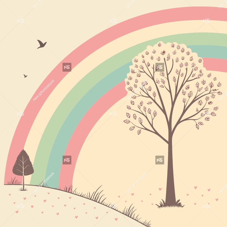 Rainbow Tree With Birds Colorful Illustration Pastel Background Whimsical Scene Vibrant Colors Nature Themed Artwork Cheerful Atmosphere Playful Elements Charmi — Stock Vector