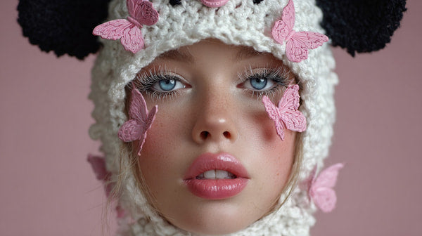 Model Wearing A Crocheted Hat With Butterflies Adorned With Pink And White Makeup Posing For A Portrait — Stock Photo