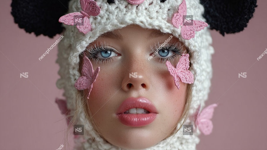 Model Wearing A Crocheted Hat With Butterflies Adorned With Pink And White Makeup Posing For A Portrait — Stock Photo