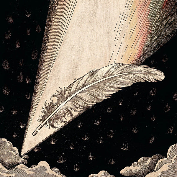 Feather Quill Flying Through A Starry Sky With Clouds And Stars In The Background — Stock Illustration