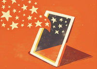 A Poster A Stylized Starry Night Scene With A Playing Card Prominently Displayed In The Center Set Against A Red Background — Stock Illustration