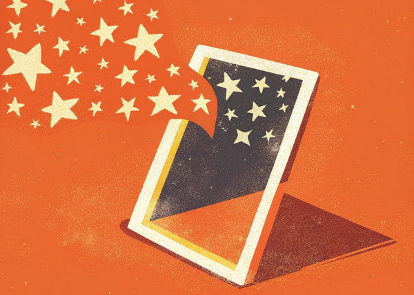 A Poster A Stylized Starry Night Scene With A Playing Card Prominently Displayed In The Center Set Against A Red Background — Stock Illustration