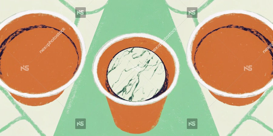 Displays Three Cups Each With A Distinct Color And Pattern Arranged In A Triangular Formation On A Table — Stock Illustration