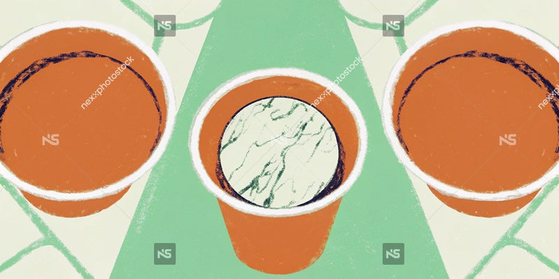 Displays Three Cups Each With A Distinct Color And Pattern Arranged In A Triangular Formation On A Table — Stock Illustration