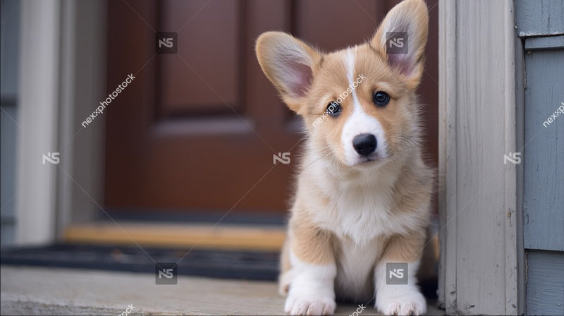 A Corgi Puppy Peeks Out From A Front Door Looking Directly At The Camera With A Curious Expression — Stock Photo