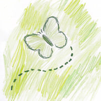 A Hand Drawn Image Of A Green Butterfly On A Yellow Background With A Wavy Line Leading To It — Stock Illustration