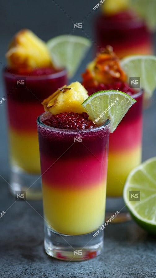 Three Layered Fruity Drinks Each Garnished With Lime Slices Presented In Clear Glasses On A Dark Surface — Stock Photo