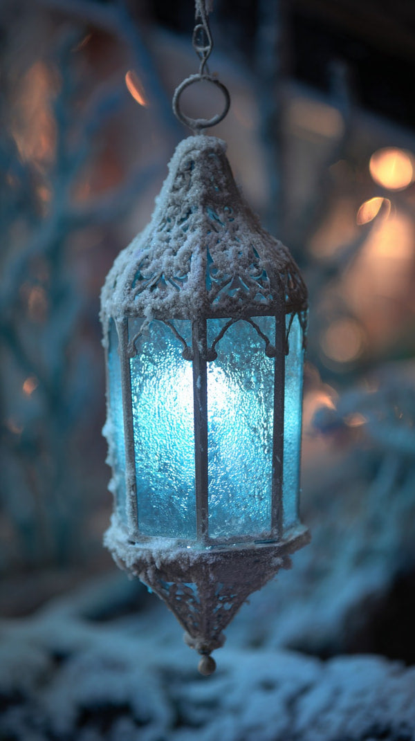 A Blue Lantern Hangs From A Chain In A Snowy Scene Illuminated By A Light Inside — Stock Photo