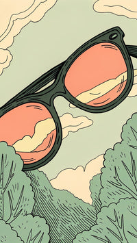 A Pair Of Sunglasses With A Red Sunset Background Placed On A Tree Branch — Stock Illustration