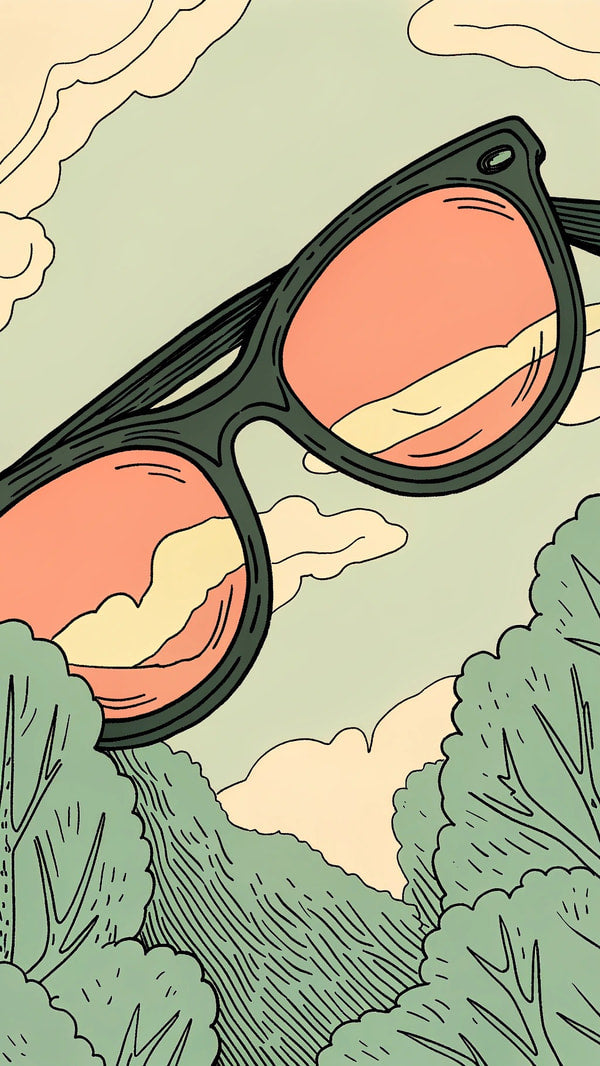 A Pair Of Sunglasses With A Red Sunset Background Placed On A Tree Branch — Stock Illustration
