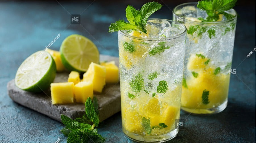 Two Glasses Of Mojito Cocktail With Lime Slices And Mint Leaves On A Blue Background — Stock Photo