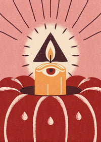 Illustration Of A Candle In A Jack O Lantern With An Eye Symbol Above It On A Red Background — Stock Illustration
