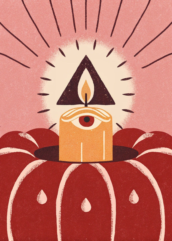 Illustration Of A Candle In A Jack O Lantern With An Eye Symbol Above It On A Red Background — Stock Illustration