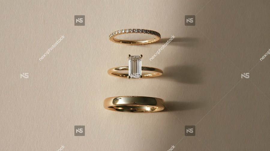 A Gold Ring Set A Diamond Engagement Ring And Two Bands Displayed On A Light Background — Stock Photo