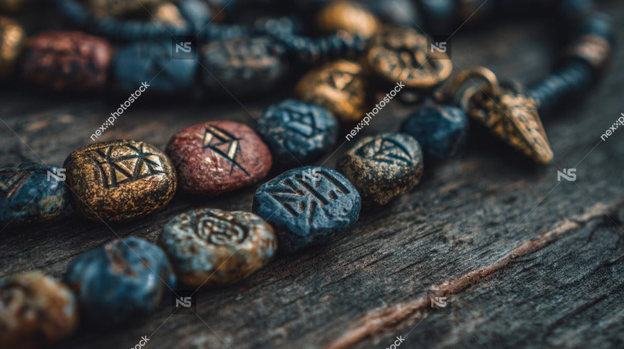 A Beaded Necklace With Runic Symbols On A Wooden Surface — Stock Photo