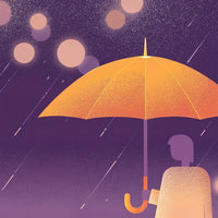 A Person Holding A Yellow Umbrella In The Rain Standing Under A Starry Sky — Stock Illustration