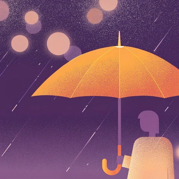 A Person Holding A Yellow Umbrella In The Rain Standing Under A Starry Sky — Stock Illustration