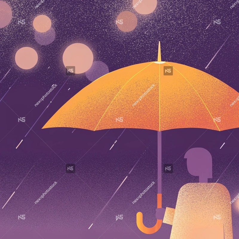 A Person Holding A Yellow Umbrella In The Rain Standing Under A Starry Sky — Stock Illustration