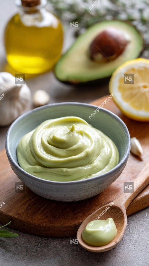 Avocado Dip Served In A Bowl With A Spoon And Lemon Wedges On A Wooden Cutting Board — Stock Photo