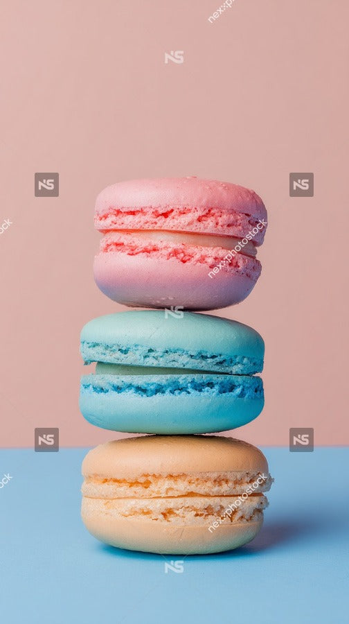Displays A Stack Of Four Macarons With Different Colored Fillings Pink Blue And Two Shades Of Orange — Stock Photo