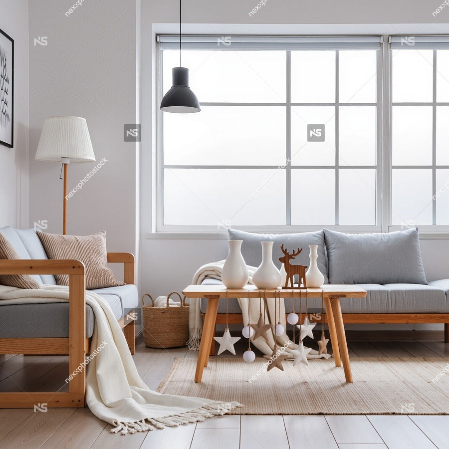 Living Room Interior Design With A Cozy And Inviting Atmosphere A Comfortable Couch Wooden Coffee Table Large Windows Allowing Natural Light — Stock Photo