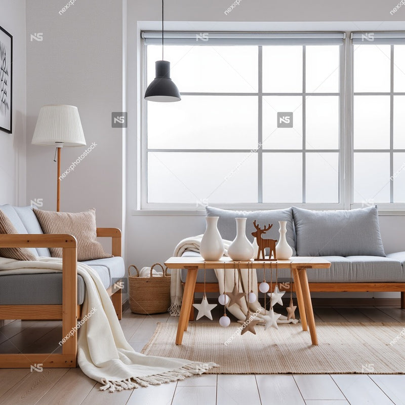 Living Room Interior Design With A Cozy And Inviting Atmosphere A Comfortable Couch Wooden Coffee Table Large Windows Allowing Natural Light — Stock Photo