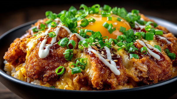 Close Up Of A Plate Of Fried Chicken And Rice Topped With Green Onions And Drizzled With Sauce — Stock Photo