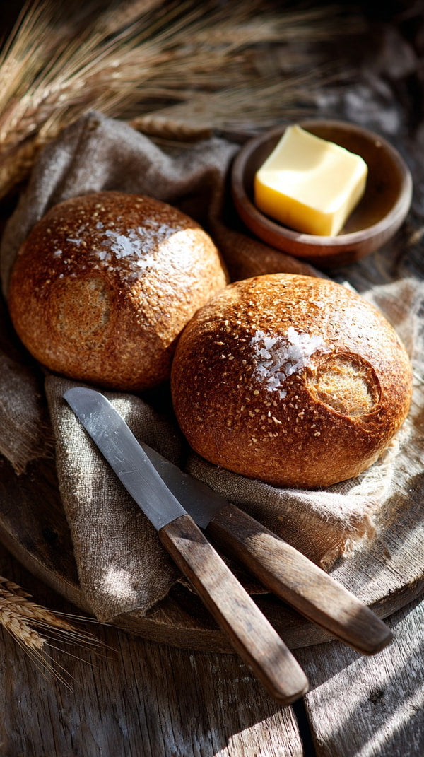 Three Artisan Bread Loaves On A Table With One Loaf Cut Open To Reveal Butter Inside — Stock Photo