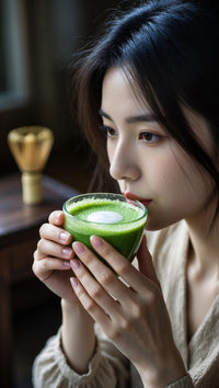 a woman holding a glass of green smoothie to her lips - Stock Video
