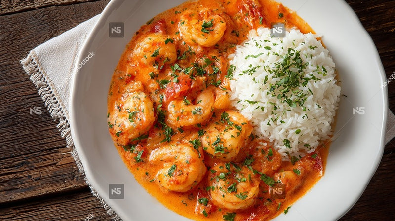 A Plate Of Shrimp Curry And A Scoop Of Rice On A Wooden Table — Stock Photo