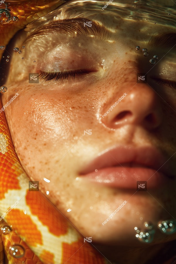 A Woman Submerged In Water With A Snake Wrapped Around Her Head Looking Upwards — Stock Photo