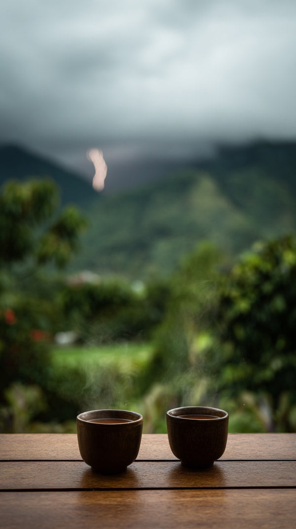 Two Cups Of Coffee Sit On A Wooden Table Overlooking A Mountain Landscape Under A Cloudy Sky — Stock Photo