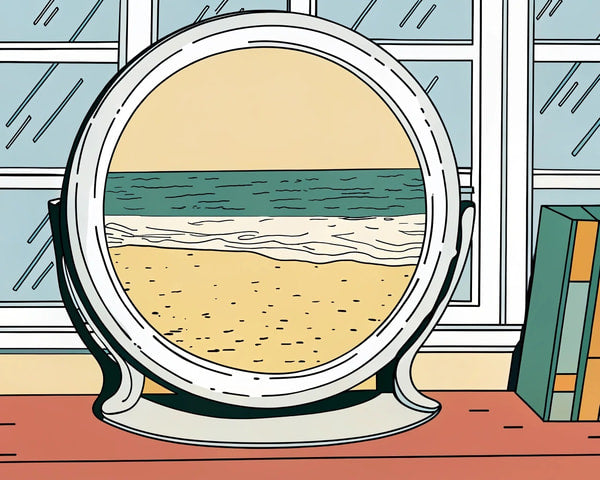 Illustration Of A Seaside View From A Round Window In A Room With Books And A Beach Scene Outside — Stock Illustration