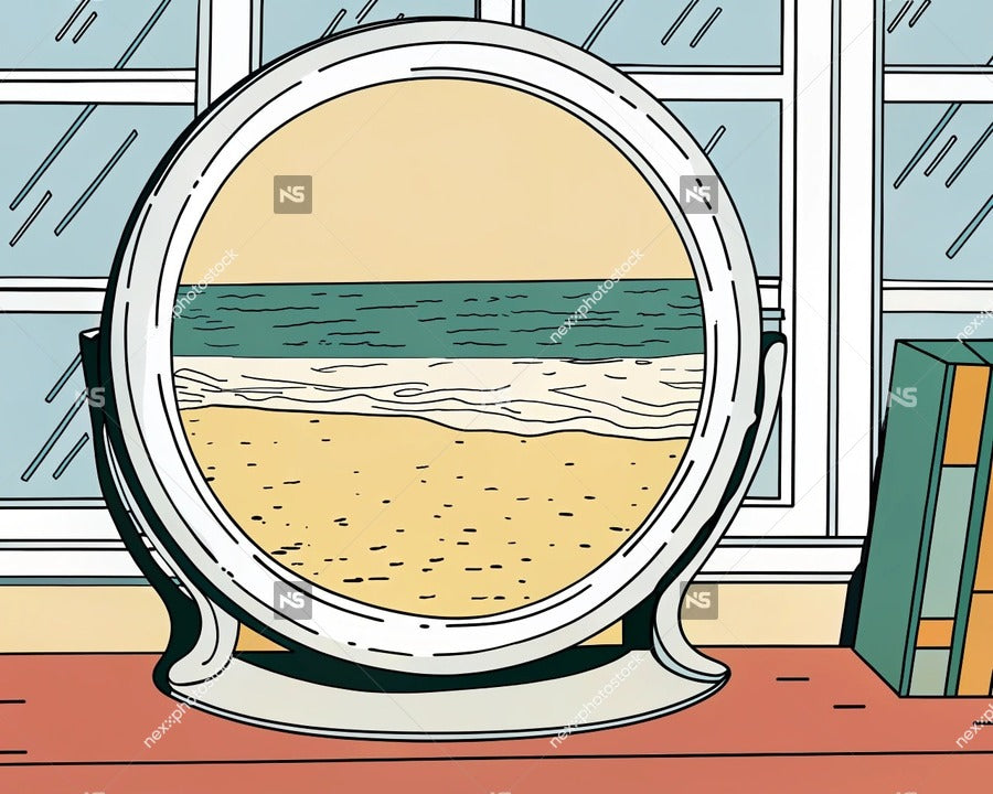 Illustration Of A Seaside View From A Round Window In A Room With Books And A Beach Scene Outside — Stock Illustration