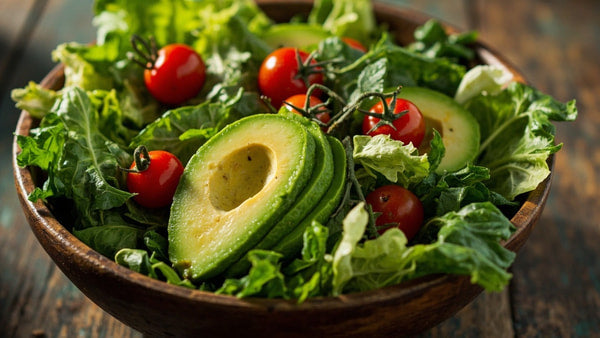 A Bowl Of Fresh Avocado Salad With Cherry Tomatoes And Lettuce On A Wooden Table — Stock Photo