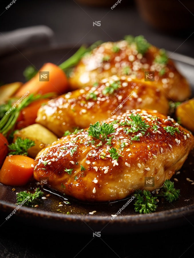 Chicken Wings Glazed In Sauce On A Black Plate With Garnish And Vegetables In The Background — Stock Photo