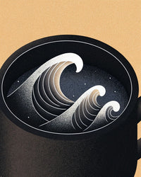 Black And White Illustration Of A Coffee Cup With A Wave Design On The Side Set Against A Yellow Background — Stock Illustration