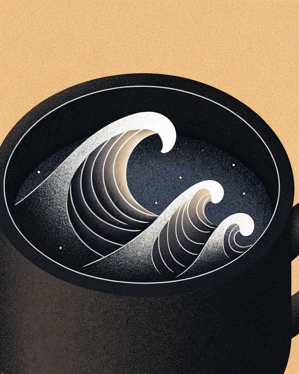 Black And White Illustration Of A Coffee Cup With A Wave Design On The Side Set Against A Yellow Background — Stock Illustration