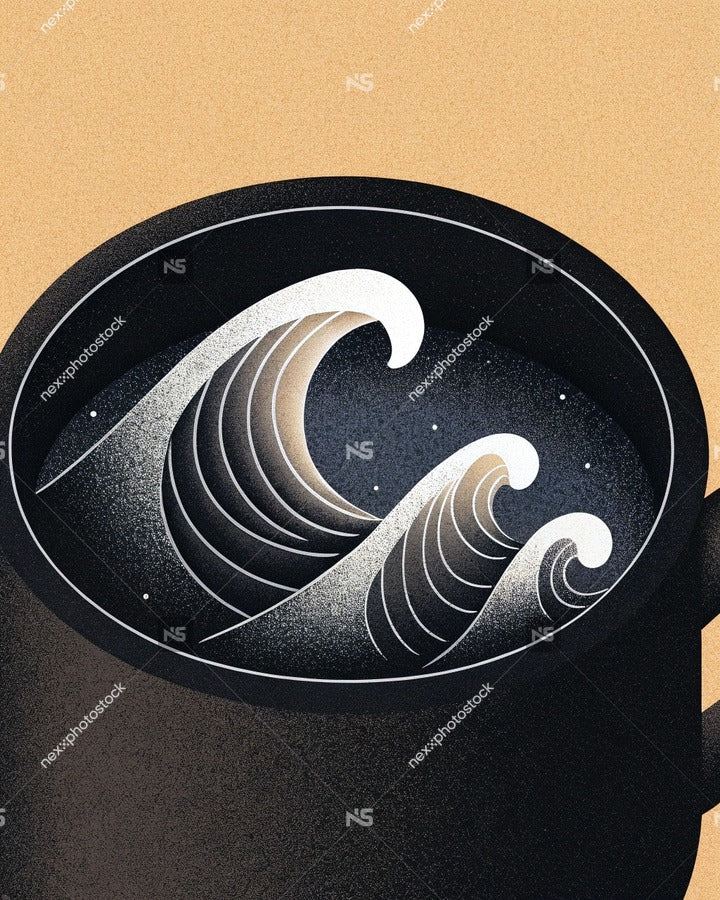 Black And White Illustration Of A Coffee Cup With A Wave Design On The Side Set Against A Yellow Background — Stock Illustration
