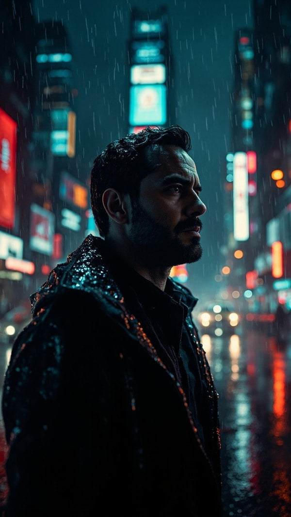 A Man Stands In A City Street At Night Looking Into The Distance Under A Neon Sign — Stock Photo