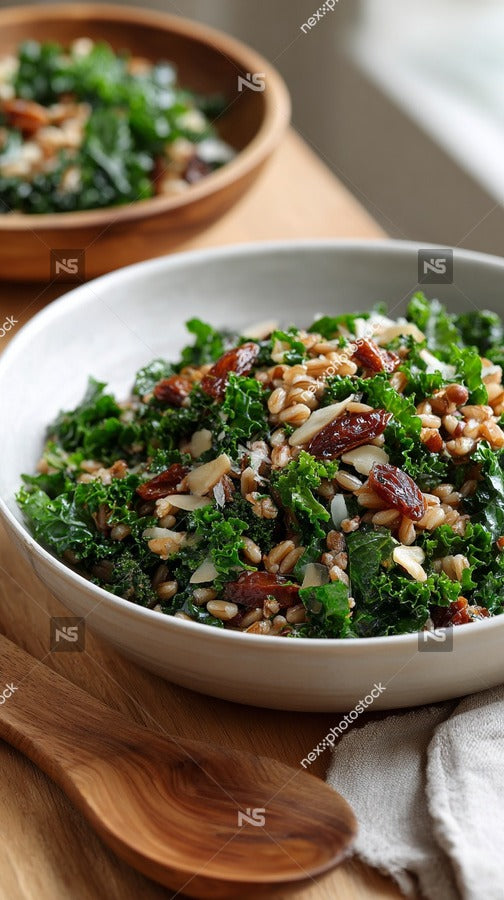 A Bowl Of Kale Salad With Nuts Placed On A Wooden Table — Stock Photo