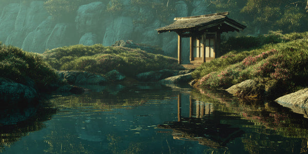 A Tranquil Forest Cabin Sits By A Stream Surrounded By Lush Greenery And Rocks — Stock Photo