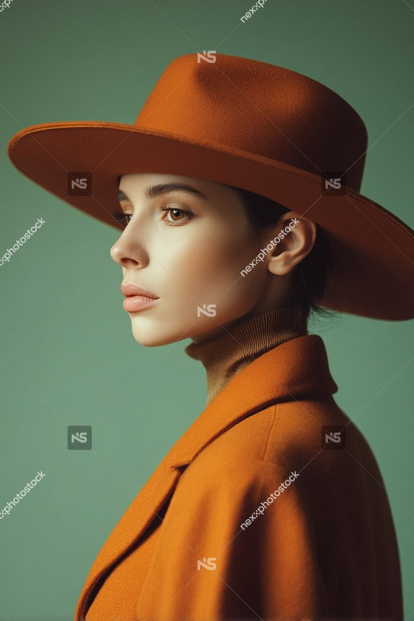 A Woman Wearing A Large Orange Hat And A Matching Coat Stands Against A Green Background — Stock Photo