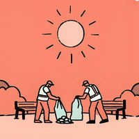 Two Workers Unloading Garbage Bags In A Park Under A Sunny Sky With A Red Background — Stock Illustration