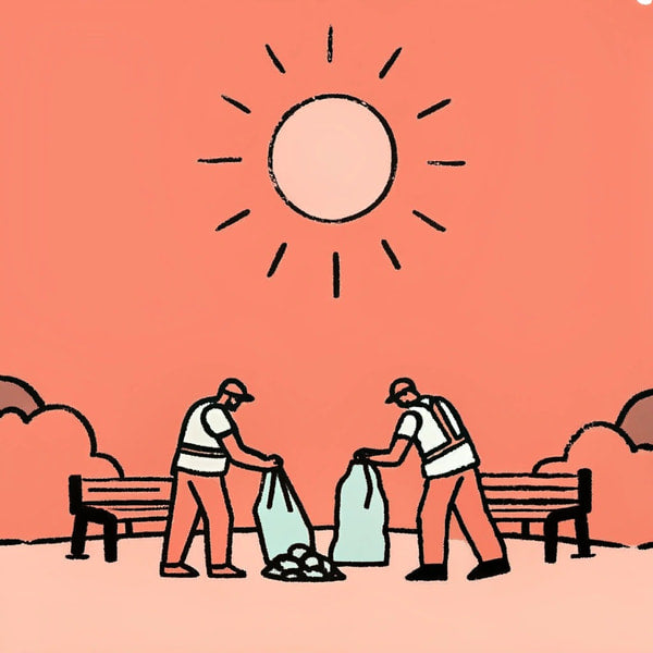 Two Workers Unloading Garbage Bags In A Park Under A Sunny Sky With A Red Background — Stock Illustration